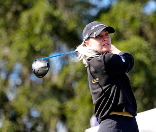 BELLEAIR, FL - NOVEMBER 16: LPGA, Golf Damen golfer Charley Hull plays her tee shot on the first hole during the final round of The Annika driven by Gainbridge at Pelican on November 16, 2025, at the Pelican Golf Club in Belleair, Florida. (Photo by Brian Spurlock Icon Sportswire). GOLF: NOV 16 LPGA The ANNIKA EDITORIAL USE ONLY Icon25111636