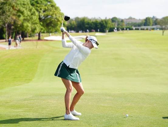 BELLEAIR, FL - NOVEMBER 16: LPGA, Golf Damen player Nataliya Guseva plays her tee shot on the 2nd hole during the final round of The Annika driven by Gainbridge at Pelican on November 16, 2025, at the Pelican Golf Club in Belleair, Florida. (Photo by Brian Spurlock Icon Sportswire). GOLF: NOV 16 LPGA The ANNIKA EDITORIAL USE ONLY Icon25111673
