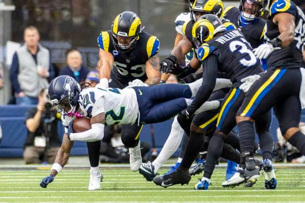 November 16, 2025, Los Angeles, California, USA: Seattle Seahawks wide receiver Rashid Shaheed (22) is brought down by the Los Angeles Rams during an NFL, American Football Herren, USA preseason football game at SoFi Stadium Sunday Nov. 16, 2025, in Inglewood, Calif. Los Angeles USA - ZUMAc68_ 20251116_zaf_c68_002 Copyright: xRingoxChiux