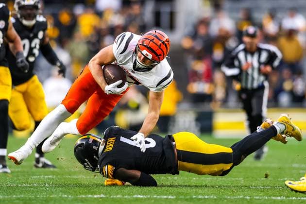 November 16, 2025, Pittsburgh, Pennsylvania, USA: Pittsburgh Steelers linebacker PATRICK QUEEN (6) upends Cincinnati Bengals tight end TANNER HUDSON (87) during the NFL, American Football Herren, USA football game between the Pittsburgh Steelers and the Cincinnati Bengals at Acrisure Stadium in Pittsburgh, Pennsylvania. Pittsburgh USA - ZUMAg257 20251116_zsp_g257_069 Copyright: xBrentxGudenschwagerx
