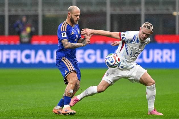 FEDERICO DIMARCO, Italia, JULIAN RYERSON, Norvegia, World Cup 2026 Qualifying, Italy-Norway 1-4, azione, action, contrasto QUALIFICAZIONI MONDIALI 2026 ITALIA-NORVEGIA 1-4