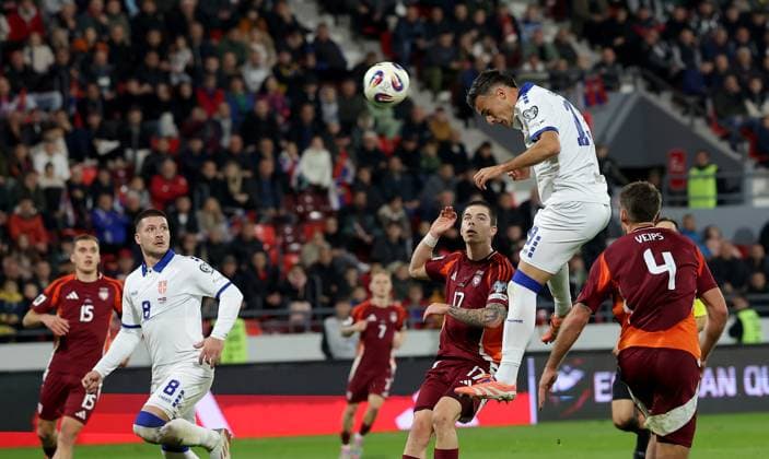 Serbia vs Latvia, Group K World Cup 2026 European Qualifiers Leskovac, Serbia. 16th Nov, 2025. Serbia s Aleksandar Stankovic scores goal during the Group K World Cup 2026 European Qualifiers football match between Serbia and Latvia on November 16. 2025. in Leskovac, Serbia. Leskovac Serbia Copyright: xPedjaxMilosavljevic STARSPORTx