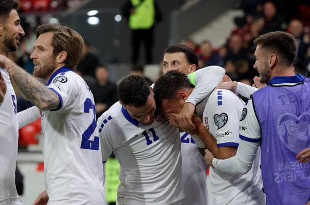 Serbia vs Latvia, Group K World Cup 2026 European Qualifiers Leskovac, Serbia. 16th Nov, 2025. Serbia s Aleksandar Stankovic celebrates goal during the Group K World Cup 2026 European Qualifiers football match between Serbia and Latvia on November 16. 2025. in Leskovac, Serbia. Leskovac Serbia Copyright: xPedjaxMilosavljevic STARSPORTx