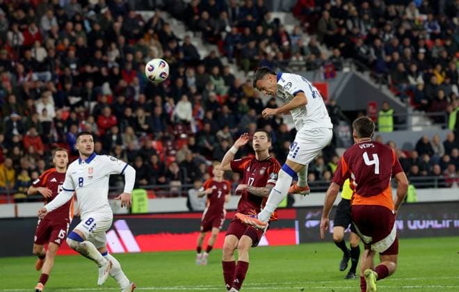 Serbia vs Latvia, Group K World Cup 2026 European Qualifiers Leskovac, Serbia. 16th Nov, 2025. Serbia s Aleksandar Stankovic scores goal during Group K World Cup 2026 European Qualifiers football match between Serbia and Latvia on November 16. 2025. in Leskovac, Serbia. Leskovac Serbia Copyright: xPedjaxMilosavljevic STARSPORTx