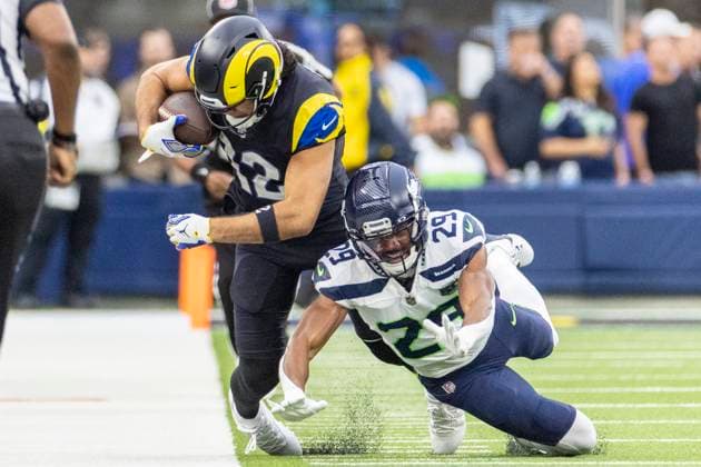 November 16, 2025, Los Angeles, California, USA: Los Angeles Rams wide receiver Puka Nacua (12) catches a pass against Seattle Seahawks cornerback Josh Jobe (29) during an NFL, American Football Herren, USA preseason football game at SoFi Stadium Sunday Nov. 16, 2025, in Inglewood, Calif. Los Angeles USA - ZUMAc68_ 20251116_zaf_c68_017 Copyright: xRingoxChiux