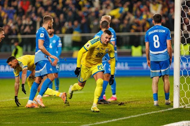 Oleksandr Zubkov seen celebrating after scoring goal during World Cup 2026 European qualification game between national teams of Ukraine and Iceland (Ernest Kolodziej Ball Raw Images) Warsaw Polish Army Stadium Poland Copyright: xErnestxKolodziejx ernestkolodziej_ukraine_iceland_2526-106