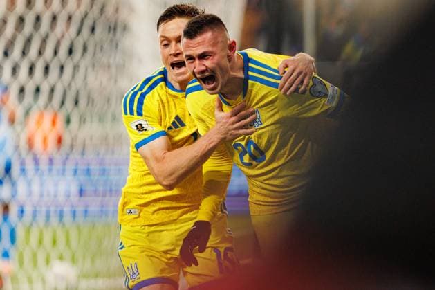 Viktor Tsygankov and Oleksandr Zubkov seen celebrating after scoring goal during World Cup 2026 European qualification game between national teams of Ukraine and Iceland (Ernest Kolodziej Ball Raw Images) Warsaw Polish Army Stadium Poland Copyright: xErnestxKolodziejx ernestkolodziej_ukraine_iceland_2526-118