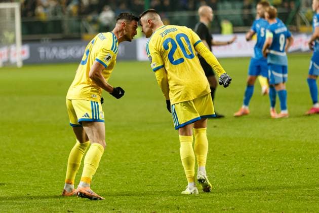 Roman Yaremchuk and Oleksandr Zubkov seen celebrating after scoring goal during World Cup 2026 European qualification game between national teams of Ukraine and Iceland (Ernest Kolodziej Ball Raw Images) Warsaw Polish Army Stadium Poland Copyright: xErnestxKolodziejx ernestkolodziej_ukraine_iceland_2526-143