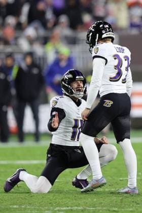 Baltimore Ravens holder Jordan Stout (11) reacts after Tyler Loop kicks a game tying field goal against the Cleveland Browns during the fourth quarter at Huntington Bank Field in Cleveland, Ohio on Sunday, November 16, 2025.  CLE20251116133 AARONxJOSEFCZYK