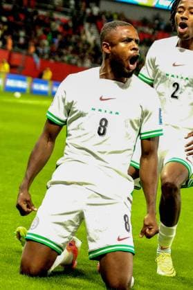 RABAT, MOROCCO - NOVEMBER 16; Frank Onyeka of Nigeria celebrate goal during the 2026 FIFA World Cup, WM, Weltmeisterschaft, Fussball Playoffs between Nigeria and Dr Congo at Prince Moulay El Hassan Stadium on November 16, 2025 in Rabat, Morocco. Photo by Shengolpixs Copyright: xKarpushevx