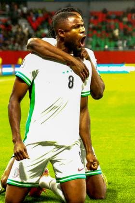 RABAT, MOROCCO - NOVEMBER 16; Frank Onyeka of Nigeria celebrate goal during the 2026 FIFA World Cup, WM, Weltmeisterschaft, Fussball Playoffs between Nigeria and Dr Congo at Prince Moulay El Hassan Stadium on November 16, 2025 in Rabat, Morocco. Photo by Shengolpixs Copyright: xKarpushevx