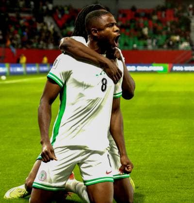 RABAT, MOROCCO - NOVEMBER 16; Frank Onyeka of Nigeria celebrate goal during the 2026 FIFA World Cup, WM, Weltmeisterschaft, Fussball Playoffs between Nigeria and Dr Congo at Prince Moulay El Hassan Stadium on November 16, 2025 in Rabat, Morocco. Photo by Shengolpixs Copyright: xKarpushevx
