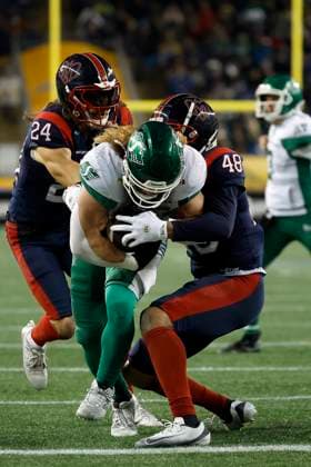 November 16, 2025, Winnipeg, Mb, CANADA: Saskatchewan Roughriders A.J. Ouellette (45) runs for the touchdown during first half CFL football action against the Montreal Alouettes at the 112th Grey Cup, in Winnipeg on Sunday, Nov. 16, 2025. Canada News - November 16, 2025  - ZUMAc35_ 20251116_zaf_c35_113 Copyright: xJohnxWoodsx