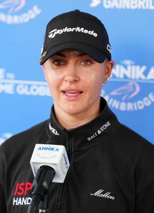 BELLEAIR, FL - NOVEMBER 16: LPGA, Golf Damen golfer Charley Hull speaks to the media during the final round of The Annika driven by Gainbridge at Pelican on November 16, 2025, at the Pelican Golf Club in Belleair, Florida. (Photo by Brian Spurlock Icon Sportswire). GOLF: NOV 16 LPGA The ANNIKA EDITORIAL USE ONLY Icon251116148