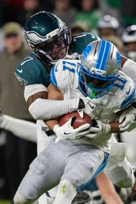 Detroit Lions wide receiver Kalif Raymond (11) is brought down by Philadelphia Eagles cornerback Kelee Ringo (7) in the first quarter of NFL, American Football Herren, USA action at Lincoln Financial Field in Philadelphia on Sunday, November 16, 2025.  PHI20251116002 LAURENCExKESTERSON