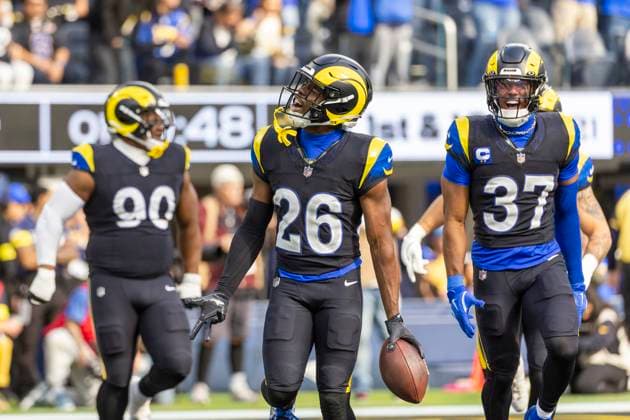 November 16, 2025, Los Angeles, California, United States: Los Angeles Rams cornerback Kamren Kinchens (26) celebrates after scoring against the Seattle Seahawks during an NFL, American Football Herren, USA preseason football game at SoFi Stadium Los Angeles United States - ZUMAs197 20251116_aaa_s197_375 Copyright: xRingoxChiux