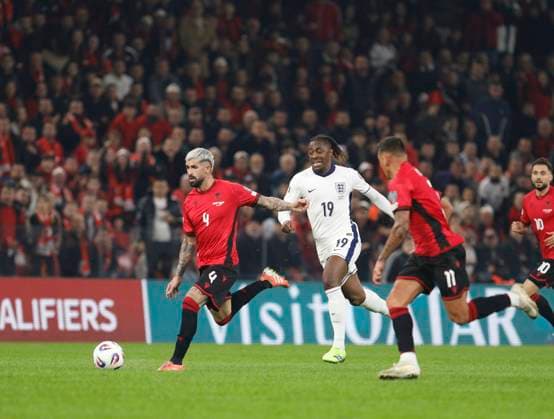Group K European qualification football match between Albania and England in Tirana, Albania. - 15 November 2025. Albania s Elseid Hysaj (L) fights for the ball with England s Eberechi Eze (C) during the FIFA World Cup, WM, Weltmeisterschaft, Fussball 2026 European qualification football match between Albania and England at the Air Albania stadium in Tirana, on November 16, 2025. TIRANA ALBANIA Copyright: xMALTONxDIBRAx