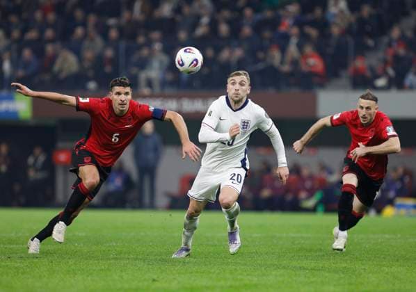Group K European qualification football match between Albania and England in Tirana, Albania. - 15 November 2025. Albania s Berat Djimsiti (L) and Aedian Ismajli (R) fights for the ball with England s Jarrod Bowen (C) during the FIFA World Cup, WM, Weltmeisterschaft, Fussball 2026 European qualification football match between Albania and England at the Air Albania stadium in Tirana, on November 16, 2025. TIRANA ALBANIA Copyright: xMALTONxDIBRAx