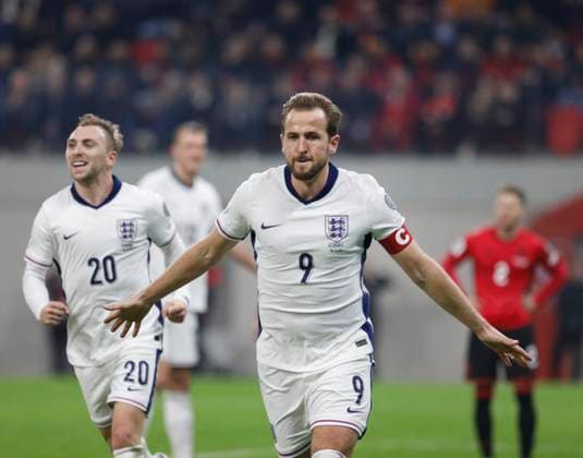 Group K European qualification football match between Albania and England in Tirana, Albania. - 15 November 2025. England s Harry Kane celebrate scoring during the FIFA World Cup, WM, Weltmeisterschaft, Fussball 2026 European qualification football match between Albania and England at the Air Albania stadium in Tirana, on November 16, 2025. TIRANA ALBANIA Copyright: xMALTONxDIBRAx