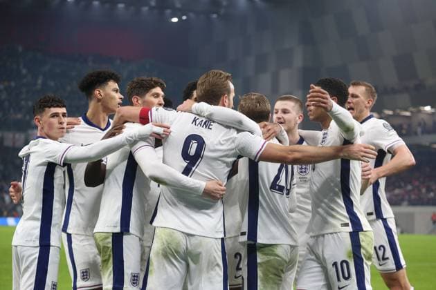 Group K European qualification football match between Albania and England in Tirana, Albania. - 15 November 2025. England players celebrate scoring their second goal during the FIFA World Cup, WM, Weltmeisterschaft, Fussball 2026 European qualification football match between Albania and England at the Air Albania stadium in Tirana, on November 16, 2025. TIRANA ALBANIA Copyright: xMALTONxDIBRAx