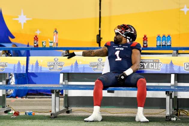 November 16, 2025, Winnipeg, Mb, CANADA: Montreal Alouettes Darnell Sankey (1) looks on with dejection following second half CFL football action against the Saskatchewan Roughriders, at the 112th Grey Cup, in Winnipeg on Sunday, Nov. 16, 2025. The Roughriders won the game 25-17. Canada News - November 16, 2025  - ZUMAc35_ 20251116_zaf_c35_138 Copyright: xFredxGreensladex