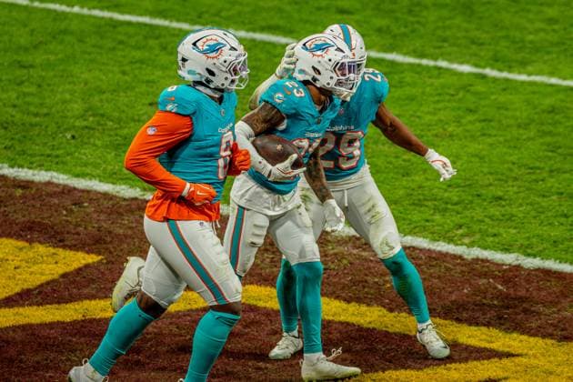 Cedrick Wilson Jr. (Miami Dolphins, 19), Jack Jones (Miami Dolphins, 23) and Matthew Judon (Miami Dolphins, 8) celebrating, Miami Dolphins vs Washington Commanders, American Football, National Football League, Season 2025, Week 11, 16.11.2025, Madrid Estadio Bernabeu Spain Copyright: xFootxBowl ThomasxMummertx