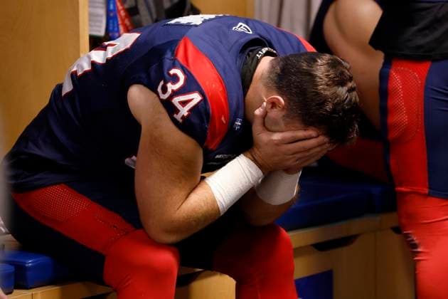 November 16, 2025, Winnipeg, Mb, CANADA: Montreal Alouettes Alexandre Gagne (34) reacts in the locker room following CFL football action at the 112th Grey Cup, in Winnipeg on Sunday, Nov. 16, 2025. Saskatchewan Roughriders won the Grey Cup 25-17. Canada News - November 16, 2025  - ZUMAc35_ 20251116_zaf_c35_192 Copyright: xJohnxWoodsx