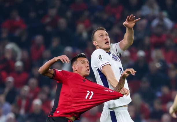 November 16, 2025, Tirana, Tirana, Albania: Myrto Ozuni of Albania and Dan Burn of England in action during their FIFA World Cup, WM, Weltmeisterschaft, Fussball 2026 qualifier match between Albania and England in Tirana, Albania on 16 November 2025. Tirana Albania - ZUMAb266 20251116_zip_b266_027 Copyright: xArmandoxBabanix