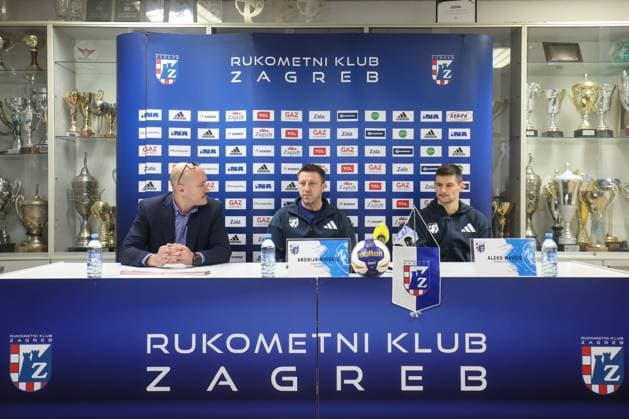 HC Zagreb press conference, PK, Pressekonferenz HC Zagreb Head Coach Andrija Nikolic and Aleks Kavcic of HC Zagreb are seen during a HC Zagreb press conference at Kutija Sibica Sports Hall in Zagreb, Croatia on November 17, 2025. ahead Machineseeker EHF Champions league match against SC Magdeburg.  IgorxKralj PIXSELL