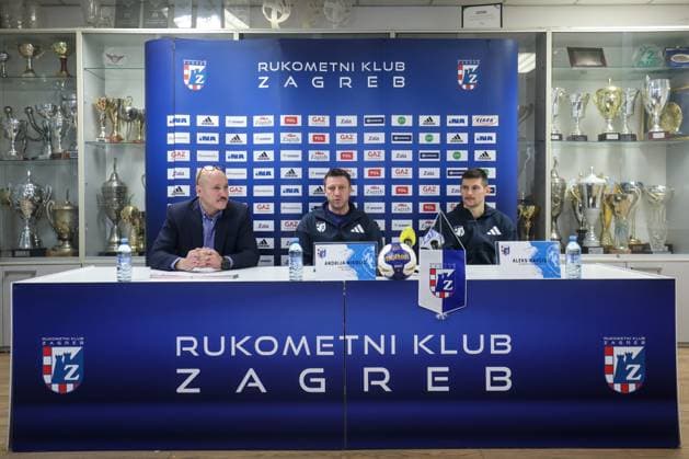 HC Zagreb press conference, PK, Pressekonferenz HC Zagreb Head Coach Andrija Nikolic and Aleks Kavcic of HC Zagreb are seen during a HC Zagreb press conference at Kutija Sibica Sports Hall in Zagreb, Croatia on November 17, 2025. ahead Machineseeker EHF Champions league match against SC Magdeburg.  IgorxKralj PIXSELL
