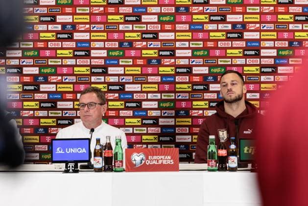 SOCCER - FIFA WC quali, AUT vs BIH VIENNA,AUSTRIA,17.NOV.25 - FIFA World Cup, WM, Weltmeisterschaft, Fussball 2026, European Qualifiers, group stage, OEFB international match, Länderspiel, Nationalmannschaft Austria vs Bosnia and Herzegovina, preview, press conference, PK, Pressekonferenz AUT. Image shows head coach Ralf Rangnick and Marko Arnautovic (AUT). GEPAxpictures xArminxRauthner