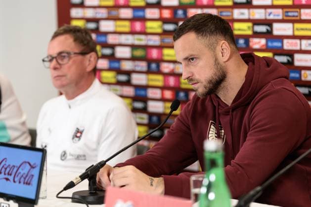 SOCCER - FIFA WC quali, AUT vs BIH VIENNA,AUSTRIA,17.NOV.25 - FIFA World Cup, WM, Weltmeisterschaft, Fussball 2026, European Qualifiers, group stage, OEFB international match, Länderspiel, Nationalmannschaft Austria vs Bosnia and Herzegovina, preview, press conference, PK, Pressekonferenz AUT. Image shows head coach Ralf Rangnick and Marko Arnautovic (AUT). GEPAxpictures xArminxRauthner
