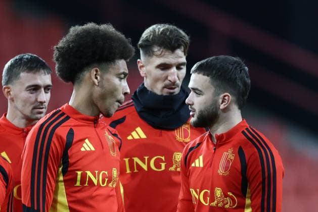 Belgium s Axel Witsel, Belgium s Thomas Meunier and Belgium s Nicolas Raskin pictured during a training session of the Red Devils, the Belgian national soccer team, in Liege on Monday 17 November 2025. The team is preparing for its last World Cup 2026 qualification match against Liechtenstein tomorrow. BRUNOxFAHY  x142230476x