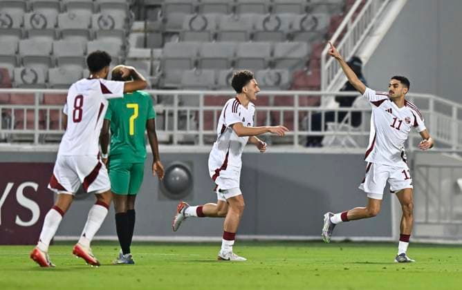 Qatar v Zimbabwe - International Friendly, Länderspiel, Nationalmannschaft Mohammed Khaled of Qatar celebrate after scoring the goal during the International Friendly match between Qatar and Zimbabwe at Abdullah bin Khalifa Stadium in Doha, Qatar, on November 17, 2025. DOHA Qatar Copyright: xNOUSHADxTHEKKAYILx