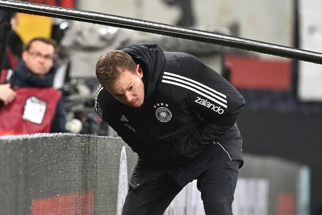 national coach Julian NAGELSMANN GER , bueckt sich , single picture,cropped single motif,half figure,soccer country match, world cup qualification group A matchday 06, Germany GER Slovakia SVK on 17 11 2025, RED BULL ARENA