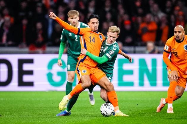 World Cup qualification: The Netherlands v Lithuania Amsterdam - Tijani Reijnders of The Netherlands, Justas Lasickas of Lithuania during the qualification match for the World Cup 2026. The match is set between The Netherlands and Lithuania at Johan Cruyff Arena on 17 November 2025 in Amsterdam, The Netherlands. (VK Sportphoto Yannick Verhoeven) Copyright: xYannickxVerhoevenx