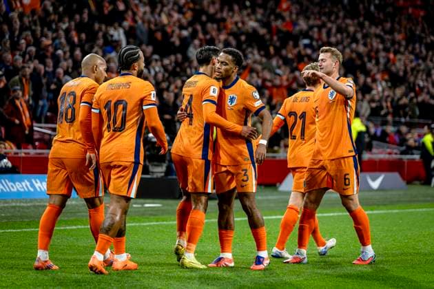 Netherlands defender Jurrien Timber, Netherlands midfielder Tijjani Reijnders celebrating the goal 1 0, during the match FOOTBALL EUROPEAN QUALIFIERS NETHERLANDS LITHUANIA at the Johan Cruijff ArenA for the FIFA World Cup 2026 UEFA Qualifiers Group G Matchday 10 season 2025 2026 in AMSTERDAM, Netherlands on 17 november 2025, photo by Stefan Koops EYE4images DeFodi Images