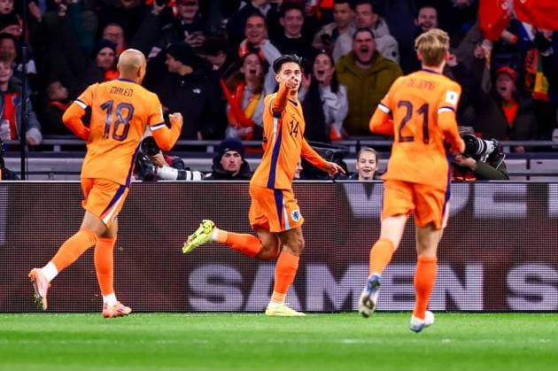2025-11-17 Netherlands v Lithuania - UEFA World Cup Qualification match AMSTERDAM, GERMANY - NOVEMBER 17: Tijjani Reijnders of Netherlands. celebrates after scoring his sides first goal during the UEFA World Cup Qualification match match between Netherlands and Lithuania at Johan Cruijff ArenA on November 17, 2025 in Amsterdam, Germany. Amsterdam Johan Cruijff ArenA Germany Content not available for redistribution in The Netherlands directly or indirectly through any third parties. Copyright: xPieterxvanxderxWoudex