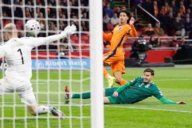 Tijjani Reijnders of the Netherlands scoring the 1-0 Netherlands v Lithuania, FIFA World Cup, WM, Weltmeisterschaft, Fussball 2026 Qualifier, Netherlands v Lithuania, Johan Cruijff Arena, November 17, 2025, Amsterdam, Netherlands.