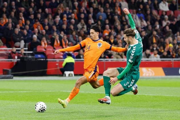 Tijjani Reijnders of the Netherlands scoring the 1-0 Netherlands v Lithuania, FIFA World Cup, WM, Weltmeisterschaft, Fussball 2026 Qualifier, Netherlands v Lithuania, Johan Cruijff Arena, November 17, 2025, Amsterdam, Netherlands.