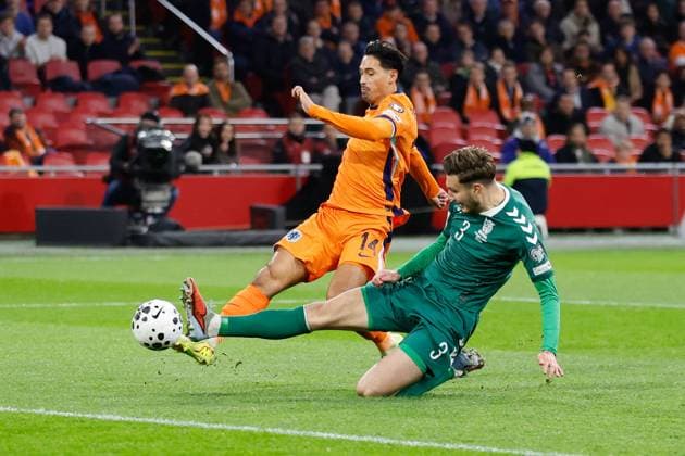 Tijjani Reijnders of the Netherlands scoring the 1-0 Netherlands v Lithuania, FIFA World Cup, WM, Weltmeisterschaft, Fussball 2026 Qualifier, Netherlands v Lithuania, Johan Cruijff Arena, November 17, 2025, Amsterdam, Netherlands.