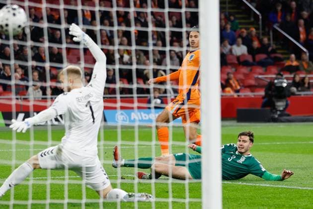 Tijjani Reijnders of the Netherlands scoring the 1-0 Netherlands v Lithuania, FIFA World Cup, WM, Weltmeisterschaft, Fussball 2026 Qualifier, Netherlands v Lithuania, Johan Cruijff Arena, November 17, 2025, Amsterdam, Netherlands.