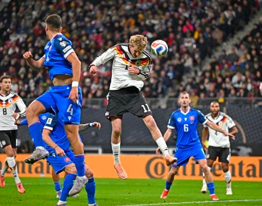 17 11 2025, Football World Cup Qualification Europe 2025 26, Matchday 10, Germany Slovakia, at Red Bull Arena Leipzig Germany Nick Woltemade Germany heads in for 1 0