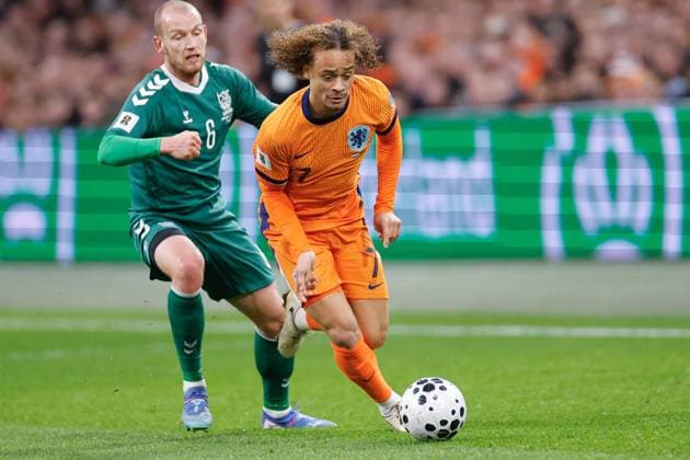 Modestas Vorobjovas of Lithuania, Xavi Simons of the Netherlands Netherlands v Lithuania, FIFA World Cup, WM, Weltmeisterschaft, Fussball 2026 Qualifier, Netherlands v Lithuania, Johan Cruijff Arena, November 17, 2025, Amsterdam, Netherlands.