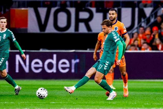 Pijus Sirvys of Lithuania passes the ball Netherlands v Lithuania, FIFA World Cup, WM, Weltmeisterschaft, Fussball 2026 Qualifier, Netherlands v Lithuania, Johan Cruijff Arena, November 17, 2025, Amsterdam, Netherlands.