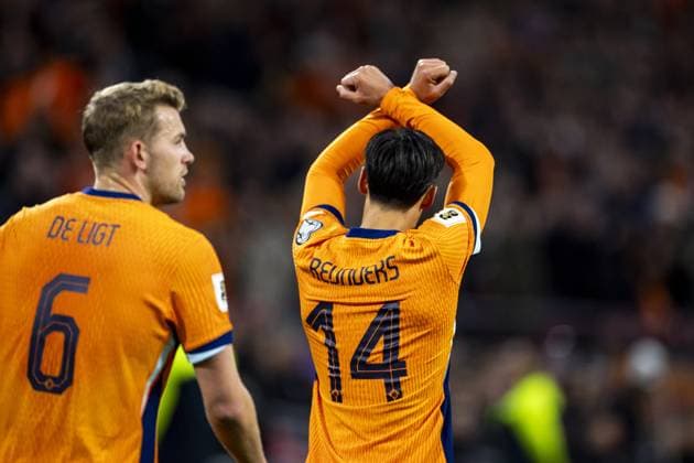 AMSTERDAM - Tijjani Reijnders of the Netherlands celebrates the 1-0 goal during the World Cup qualifying match between the Netherlands and Lithuania at the Johan Cruijff ArenA on November 17, 2025, in Amsterdam, Netherlands. ANP KOEN VAN WEEL FIFA 2026 World Cup Qualifier 2025-2026 xVIxANPxSportx xxANPxIVx 542368235 originalFilename: 542368235.jpg