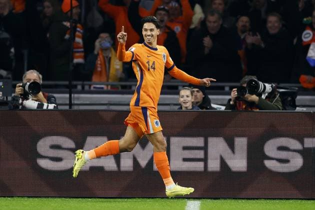 AMSTERDAM - Tijjani Reijnders of the Netherlands celebrates the 1-0 goal during the World Cup qualifying match between the Netherlands and Lithuania at the Johan Cruijff ArenA on November 17, 2025, in Amsterdam, Netherlands. ANP MAURICE VAN STEEN FIFA 2026 World Cup Qualifier 2025-2026 xVIxANPxSportx xxANPxIVx 542368328 originalFilename: 542368328.jpg