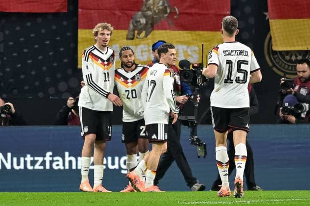 17 11 2025, Football match, World Cup Qualification, Group A, Season 2025 2026, Germany Slovakia at the Red Bull Arena in Leipzig The German players celebrate the 2-0 goal by Serge Gnabry National team Germany, 20 Important note According to FIFA and UEFA regulations, it is prohibited to use or have used photographs taken in the stadium and or of the match in the form of sequential images and or video-like photo series Photo Kirchner Media TH Copyright: xKirchner-Media THx
