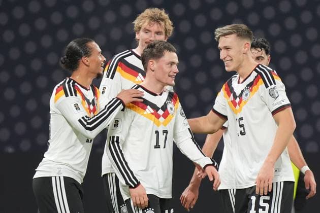 celebrate the goal, goal celebration to 3 0 Leroy Sane Germany Germany with Nick Woltemade Germany Germany , Florian Wirtz Germany Germany Germany , Nico Schlotterbeck Germany Germany Leipzig 17 11 2025 Germany vs Slovakia, World Cup Qualification, Matchday 6