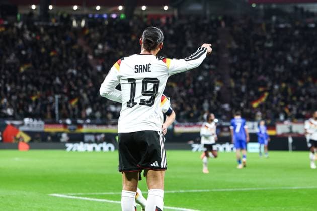 Sport, Football, UEFA European Qualifiers World Cup Qualifiers Europe Group A 10 Matchday Germany Slovakia 17 11 2025, Red Bull Arena Goal celebration Germany after the goal to 3 0 by Leroy Sane Germany, 19 Leipzig Red Bull Arena Saxony Germany